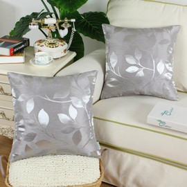 CaliTime Pack of 2 Throw Pillow Covers Cases for Couch Sofa Home Decor Shining & Dull Contrast Vibrant Growing Leaves 18 X 18 Inches Silver Gray