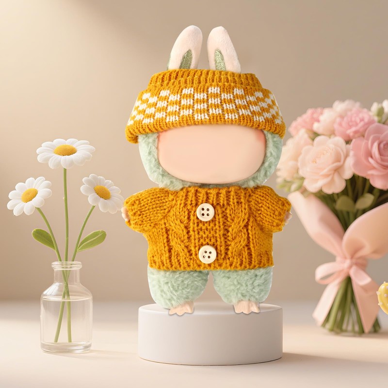 Doll Clothes Set, Handmade Crochet Knitted Button Sweater & Hat