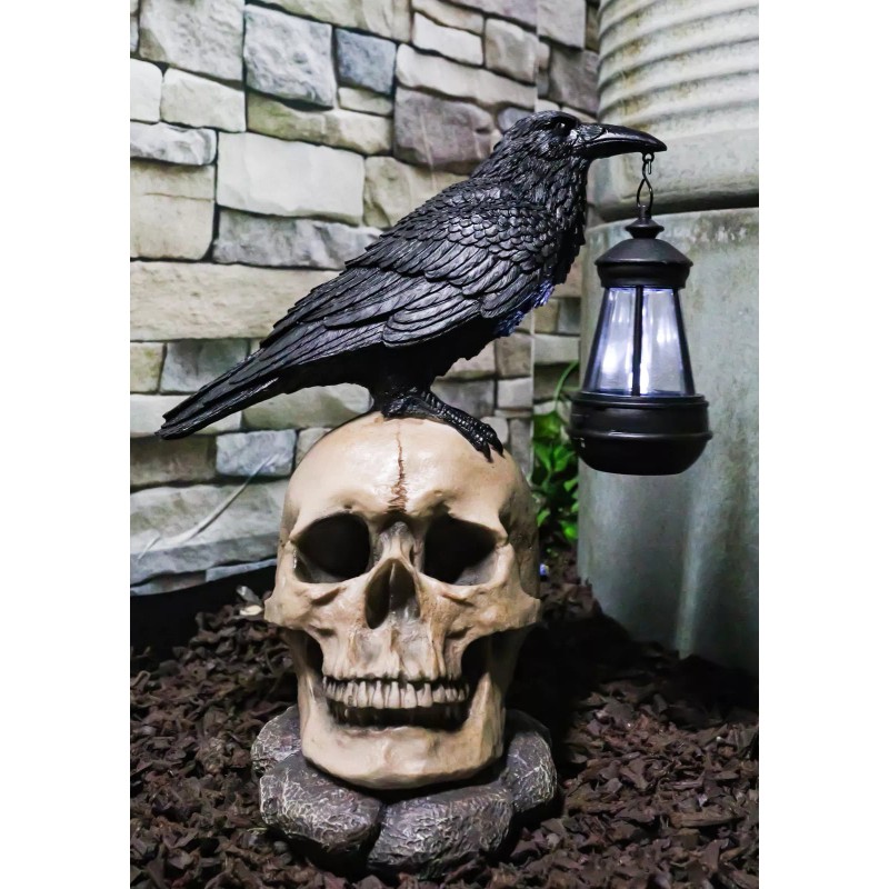 Edgar Corvus Raven Perching On Rose Skull Statue With Solar