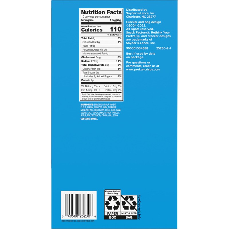 Snack Factory Pretzel Crisps, Original, 1 Oz Snack Bags, 10