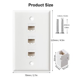 Ethernet Wall Plate, 3 Port Cat6 RJ45 Keystone Inline Coupler Wall Plate for Cat7/6/5/5e Ethernet Devices - White
