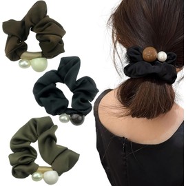 3PCS Fashionable Scrunchies,Pearl Bead Hair Scrunchie,Satin Fabric Hair Accessories,Sparkly Ponytail Holder Handmade (Style 1, One size)