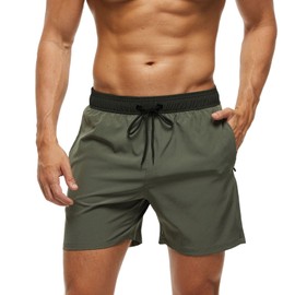 Men's Swimming Trunks with Zip Pocket, Quick-Drying Breathable Swimming Trunks with Mesh Lining, Beach Shorts for Surf Sports Swim Pool, Colour stitching army green, M