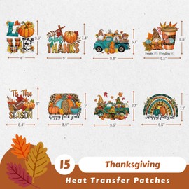 15 Pcs Thanksgiving Fall Iron On Transfer Patches, Pumpkin Vinyl Designs Heat Transfer Patches for T-Shirts, Maple Leaf Iron on Decals for DIY Clothing, Hats and Pillows