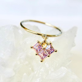 Pink Cubic Zirconia Heart Charm Ring in 14K Gold Filled, Textured Smooth or Thin Band, April Birthstone, Custom Size 4 5 6 7 8, Dangle CZ Ring, Jewelry Inspirations