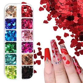 Heart Glitter Sequins for Valentine's Day Nail Art ,12 Colors 3D Holographic Sparkles Heart Shape Flakes Sticker Confetti Glitter Nail Decals for Nail Decoration Eye Face Body DIY Crafts
