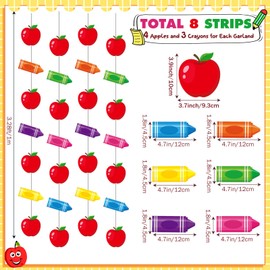 Funrous 8 Pcs Back to School Hanging Decorations Apple Crayon Garland Banner First Day of School Classroom Decorations Pre-Strung Apple Paper Cutouts for Teacher Party Supplies Photo Props
