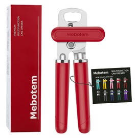 Mebotem 10 Colors, Manual Handheld Heavy Duty Hand can opener Smooth Edge Stainless Steel, Top Lid Kitchen Gadgets, Best Large Rated Easy Turn Knob, with Bottle Opener, Red