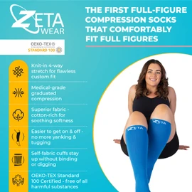 Zeta Socks XXXL de compresión de pantorrilla de tamaño grande, calmante y cómodo, evita la hinchazón, dolor, edema, DVT, puños grandes, elástico hasta 66 cm, unisex, para vuelos (azul, 3XL)