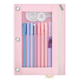 SKYDUE 3 Ring Pencil Pouch Case for Binder, Zipper Pencil Pouches for Girls Boys, Clear Window Pencil Bag,Pencil Case with Smooth Zipper