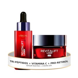 KitL'Oreal Paris Revitalift Laser, Serum Facial 30ml + Crema de Dia 50ml, Triple Acción Anti-Edad, Corrige Arrugas, Da Firmeza, Luminosidad y Unifica el Tono, Tri-Péptidos y Vitamina C
