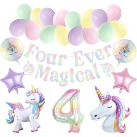 Four Ever Magical Unicorn Party Balloon Pack Holographic Four Ever Magical Banner for Pastel Unicorn 4th Birthday Party Decorations