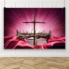8 * 6ft Jesus Church Cross Backdrop Crown of Thorns and Nails Christian Photographic Background for Church Red Holy Light Glowing Religious Backdrop Banner Resurrection Decor Photo Props