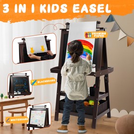 Elevon Art Easel for Kids, Wooden Kids Easel 3 in 1 Adjustable Magnetic Double Sided, Whiteboard, Chalkboard & Paper Roll, 2-Tier Rack w/ 2 Storage Boxes, Standing Easel for for Painting & Drawing