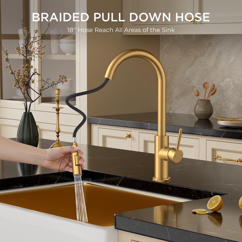 FORIOUS Gold Kitchen Faucet with Pull Down Sprayer, Brushed Brass