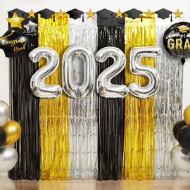 Graduation Decorations 2025, 2Pack Grad Foil Fringe Curtains, Black Gold Silver Metallic Tinsel Backdrop Grad Party Photo Booth Props Streamer for High School College University Grads Party