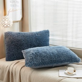 JAUXIO Long Faux Fur Soft Soild Decorative Pillowcase Fluffy Throw Pillow Cover Velvet Shaggy Plush Cushion Case Set of 2 Zipper Closure Queen Size (Dusty Blue, 20"X26")