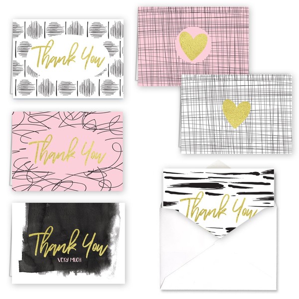 Line Art Thank You and Hearts Folded Assortment Card Pack/Set Of 36 Cards / 6 Designs With 6 Cards Per Design And Gold Foil / 4 7/8" x 3 1/2" Gratitude Cards