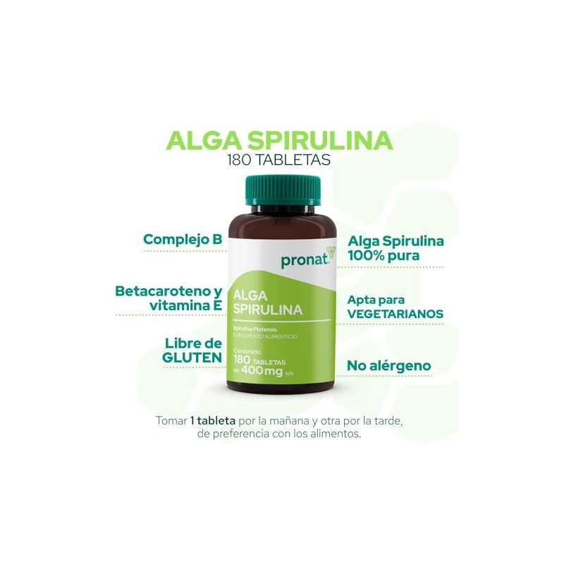 PRONAT | Alga Spirulina 100% Pura, Suplemento Alimenticio, 180 tabletas