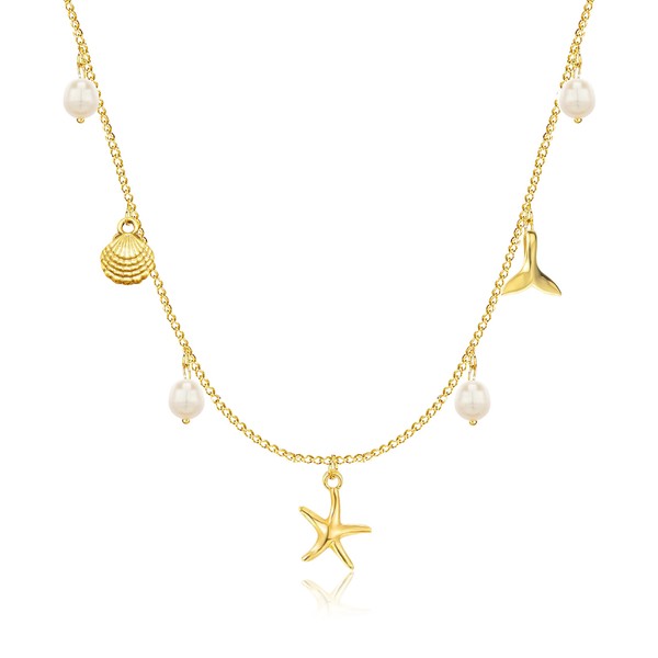 Gold Charm Necklace for Women Seashell Starfish Pearl Charms Beach
