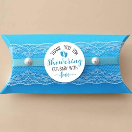 50 Blue Little Feet Baby Shower Stickers, Thank You for Showering Our Baby with Love Stickers, Baby Shower Favors for Boys, Baby Shower Favor Labels, 2 Inch.