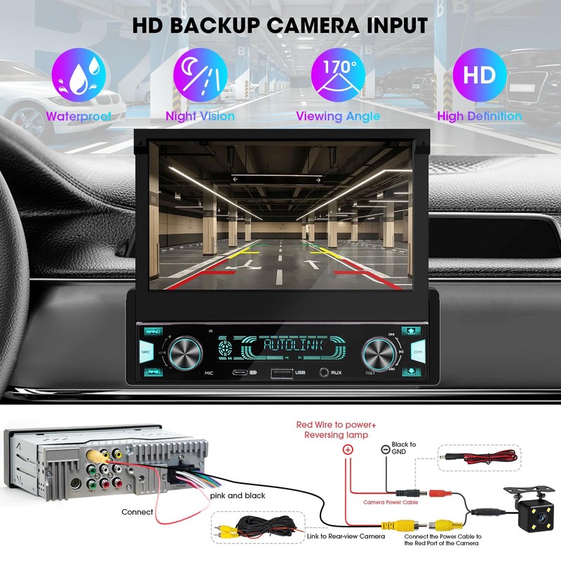Single Din Wireless CarPlay Stereo: 7 Inch Motorized Flip Out