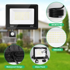 VRFMALIY 50 W LED Spotlight with Motion Sensor Outdoor, 5000 LM LED Floodlight Outdoor, 7000 K Cool White, Super Bright Spotlight, IP67 Waterproof Headlight for Garden, Courtyards, Garage, Home