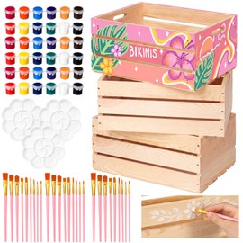 3 Sets DIY Summer Bikini Box Painting Kit Large Painted Pine Wood Crates for Storage Supplies with Unassembled Wooden Crates Brushes Paints Palette for Crafts Adults Women Night, 15" x 10" x 7"