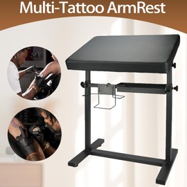 Roixeeds XL Tattoo Armrest Stand, Adjustable Height & Angle Tattoo Arm Rest, Soft Sponge Leather Pad with Rack and Storage Compartment, Stable and Reliable for Studio Salon Tattoo