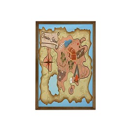 Ambesonne Island Map Framed Wall Art, Treasure of Tropical Beach Chest Key World Theme Print, Fabric Decor with Teak Tone Wood Frame Home & Dorm Decor, 23" x 35", Cream Pink Blue