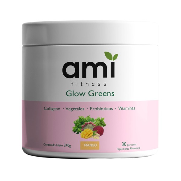 Ami Fitness Glow Greens, Polvo Verde con Colágeno - 30ct,