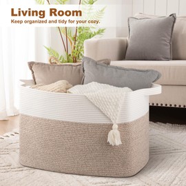 OIASKET XXXL Supre Large Blanket Basket for Clothes, Towels, Pillows, 108L Cotton Rope Storage Basket for Living Room, Woven Toy Storage for Kids, 25" x 16" x 16", Brown and White