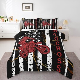 Dirt Bike Comforter Set for Teens, American Flag Bedding Set Twin, Motocross Rider Extreme Sport Down Comforter United States Federations Stars Quilted Duvet for Kids Boys Adult, Black White White