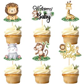 24Pcs Jungle Animals Cupcake Toppers Jungle Animals Theme Animal Cupcake Toppers Picks Baby Shower Themed for Girl Boys Kids Party Supplies Decorations