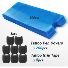 Yugui 200Pcs Largetattoo Pen Machine Cubre Y 8Pcs Tattoo Grip Wraps - Fundas Para Pluma De Tatuaje Bolsas Para Máquina De Tatuaje Envolturas De Agarre Autoadhesivas Cubiertas De Agarre Fundas Para