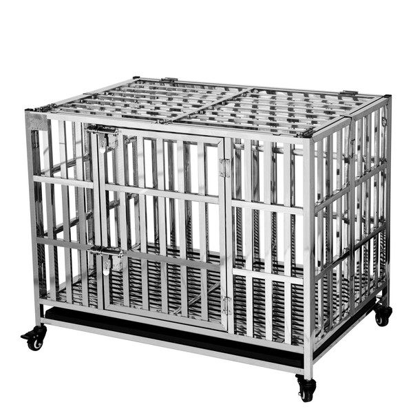 RyBuy 37" Stackable Heavy Duty Dog Crate Pet Stainless Steel Kennel Cage for Small Dogs with Tray in-Door Foldable & Portable for Animal Out-Door Travel