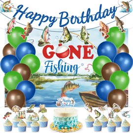 Gone Fishing Birthday Party Decorations - 34PCS Fishing Party Decorations Including Fishing Hanging Banner Backdrop Balloons Cupcake Topper Fishing Party Supplies Fishing Themed Kit