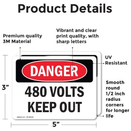 (2 Pack) 480 Volts Keep Out OSHA Danger Sign 5 Inch X 3.5 Inch Vinyl Label Decal Sticker Weather Resistant, UV Protected for Workplace, Business, and Construction Site, Made in the USA