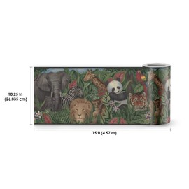 Elephant Lion Giraffe Zebra Panda Tiger in Forest Wallpaper Border Realistic Design, Roll 15' x 10.25''