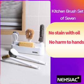 NEHSIAC Kitchen Cleaning Brush Set of 7 with Handles and Base,Includes Pot Brush Bottle Brush Dishwashing Brush Crevice Cleaning Brush,Hangable.for Kitchen Countertops Sinks Pots and Pans Dishware