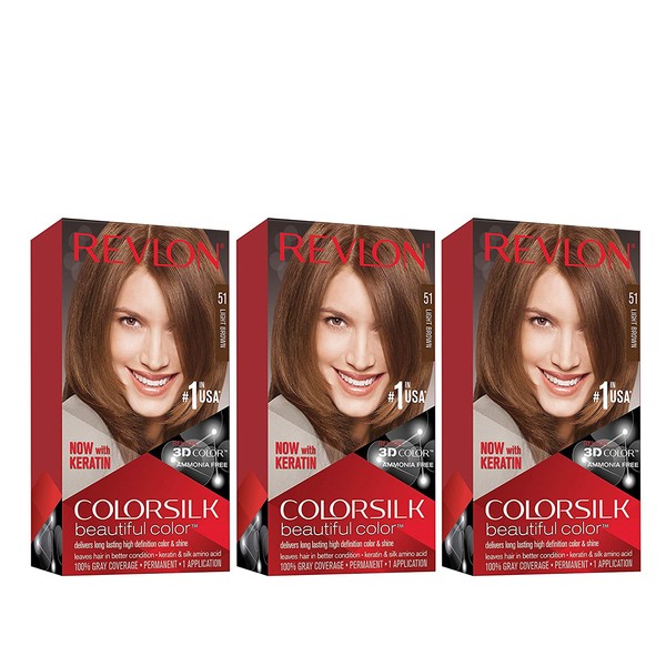 Revlon Colorsilk Beautiful Color Permanent Hair Color with 3D Gel Technology & Keratin, 100% Gray Coverage Hair Dye, 51 Light Brown, 4.4 oz (Pack of 3)