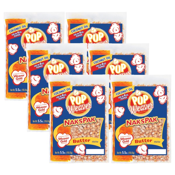 Pop Weaver Naks Pak - 5.5oz Butter Flavored Coconut Oil and Popcorn Packs - For Use in 4oz Popper Popping Machine - 6 Pack