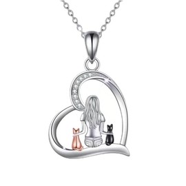 Cat Lover Heart Pendant Necklace, Crystal Accent, Two-Tone Design