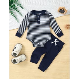 Hihosdor Newborn Baby Boy Clothes Ribbed Knit Long Sleeve Romper and Pants Set Fall Winter Baby Boy Outfits, Navy Blue, 9-12 Months
