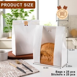 25PCS Paper Bread Bags, Large Sourdough Bread Bags for Homemade Bread Bakery Storage with Window, Includes 25PCS Label Seal Stickers (13.7x8.3x3.5 inch, White)