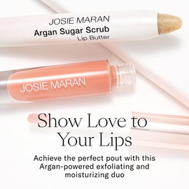Josie Maran Lip Exfoliator Scrub & Plumping Lip Gloss - Argan Sugar Scrub Lip Butter in Crystal Clear & Hyaluronic Lip Booster in Happy - Buff Away Dry Skin for Soft Lips (2 Piece Lip Care Kit)