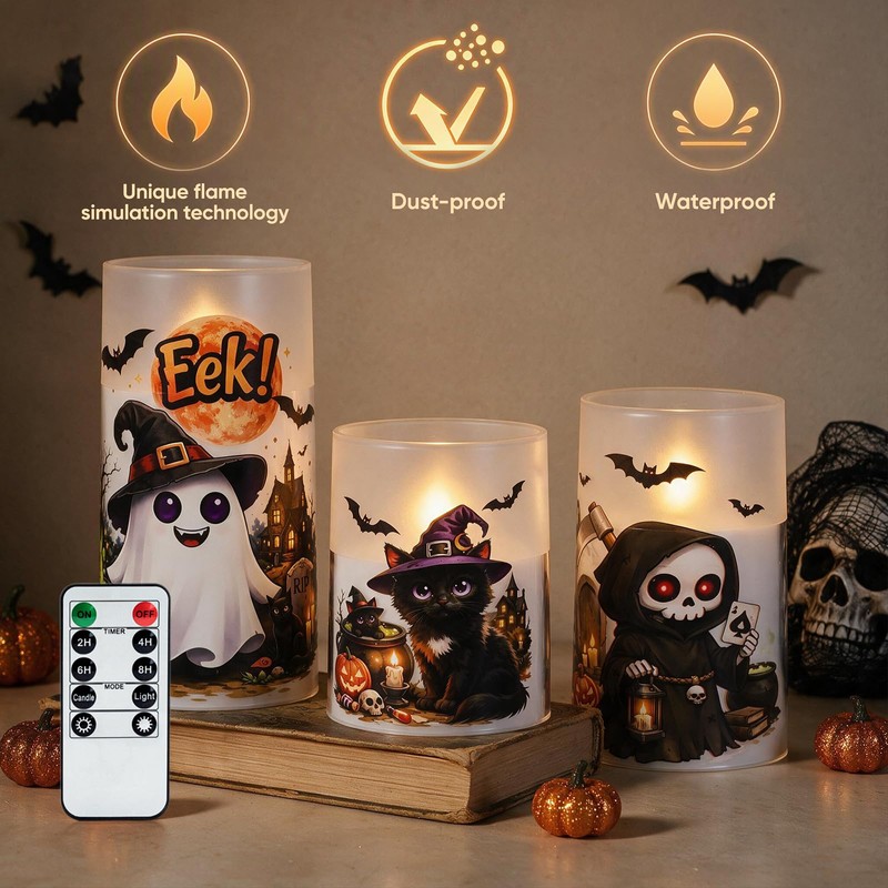 Homemory Halloween LED Pillar Candles, Realistic Flickering Set of 3