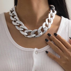 Wedity Chunky Chain Necklace Punk Acrylic Choker Necklaces Cuban Link Chain Necklace Statement Necklace for Women Girls (Silver)