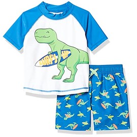 Simple Joys by Carter's Boys' Swimsuit Trunk and Rashguard Set, Blue White Dinosaur, 4T