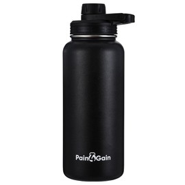Pain4Gain Stainless Steel Sports Water Bottle - 32 Oz with Double Insulation and 2 Lids with Straw, Black